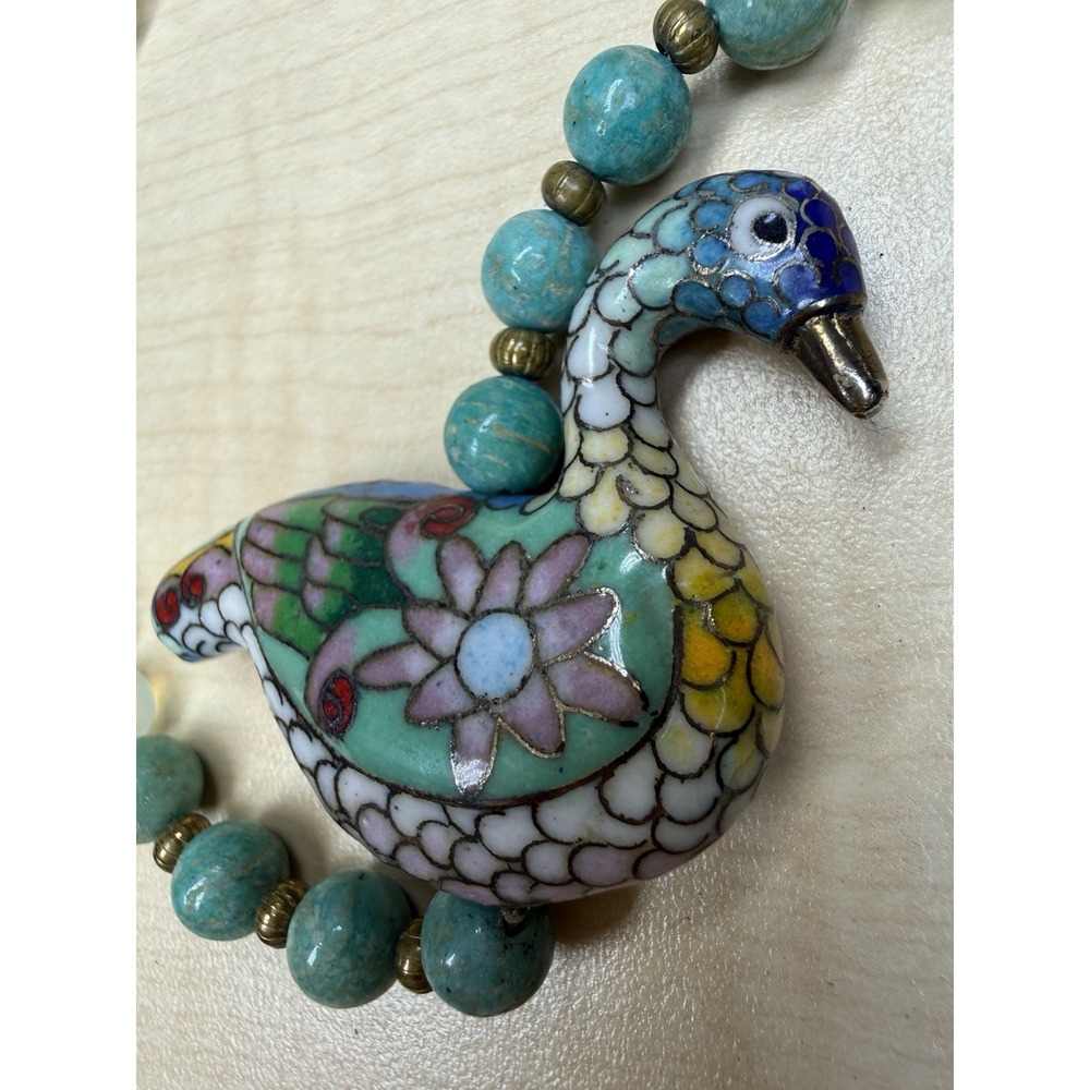 VTG Chinese jade? Cloisonne Brass Enamel Goodluck Goose Bird‎ Pendant Necklace - Picture 10 of 16